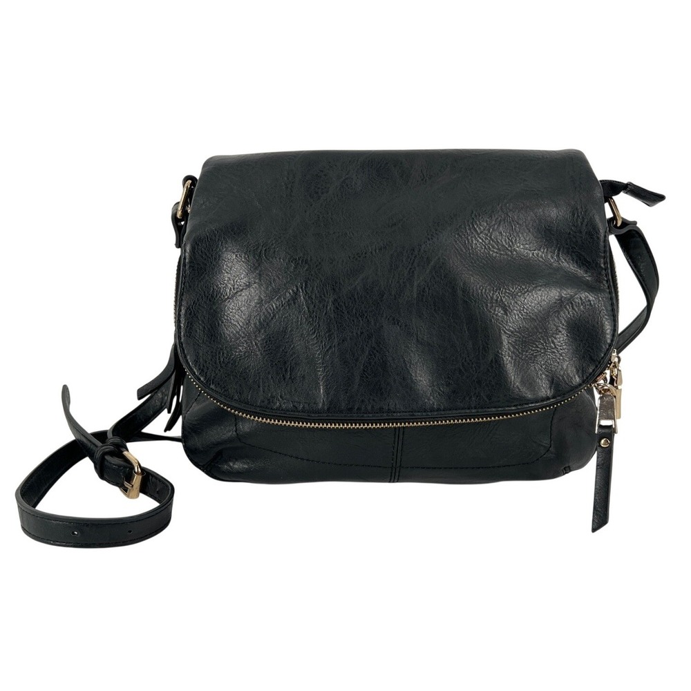 Miztique Black Faux Leather Crossbody Bag Flap Zip Pocket Adjustable‎ Strap